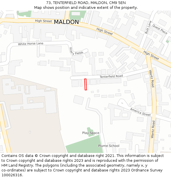 73, TENTERFIELD ROAD, MALDON, CM9 5EN: Location map and indicative extent of plot