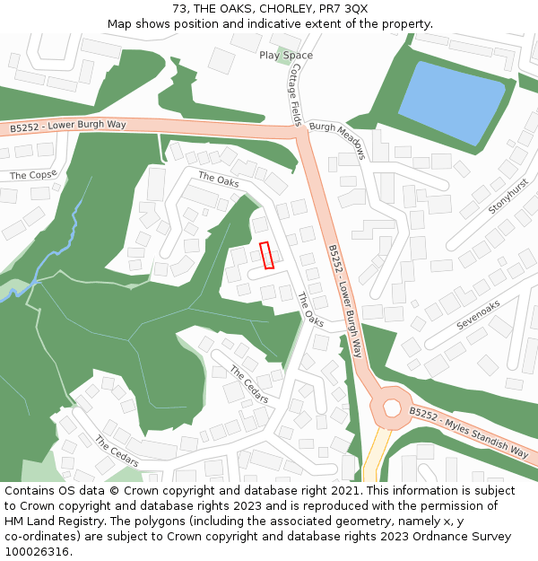 73, THE OAKS, CHORLEY, PR7 3QX: Location map and indicative extent of plot