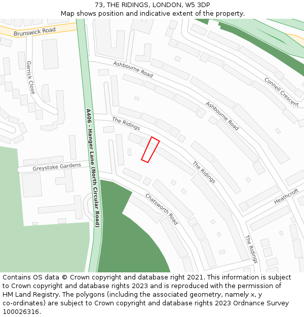 73, THE RIDINGS, LONDON, W5 3DP: Location map and indicative extent of plot