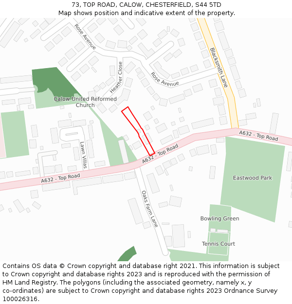 73, TOP ROAD, CALOW, CHESTERFIELD, S44 5TD: Location map and indicative extent of plot