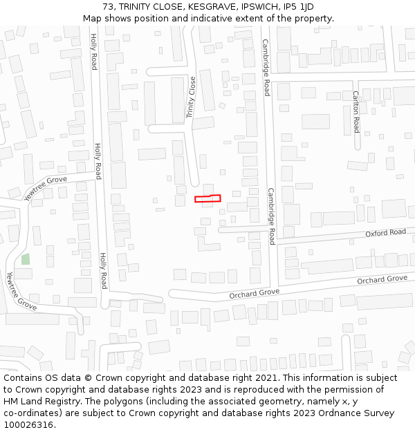 73, TRINITY CLOSE, KESGRAVE, IPSWICH, IP5 1JD: Location map and indicative extent of plot