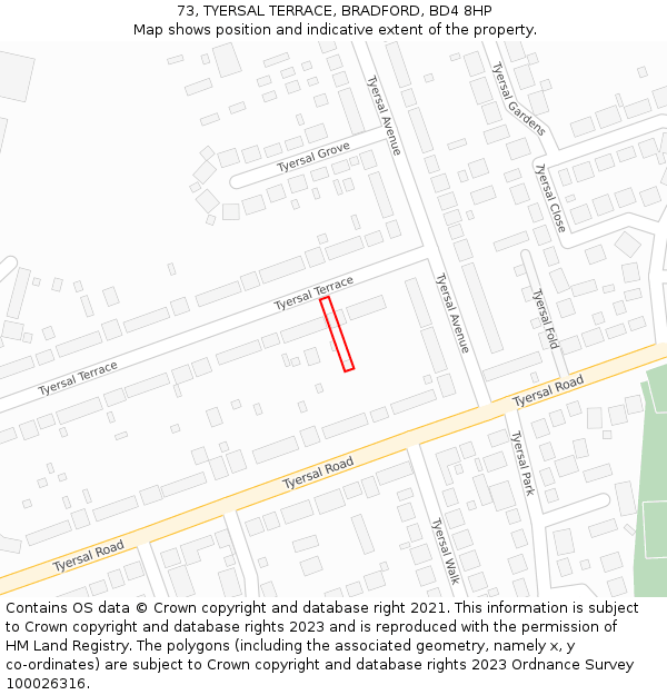 73, TYERSAL TERRACE, BRADFORD, BD4 8HP: Location map and indicative extent of plot