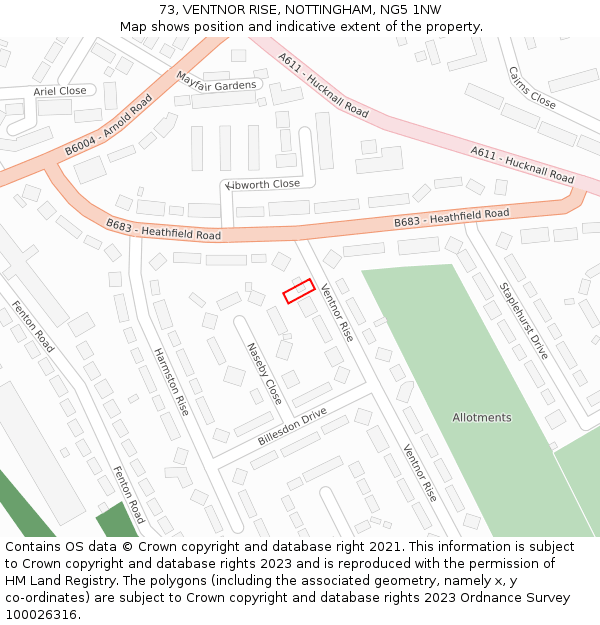 73, VENTNOR RISE, NOTTINGHAM, NG5 1NW: Location map and indicative extent of plot