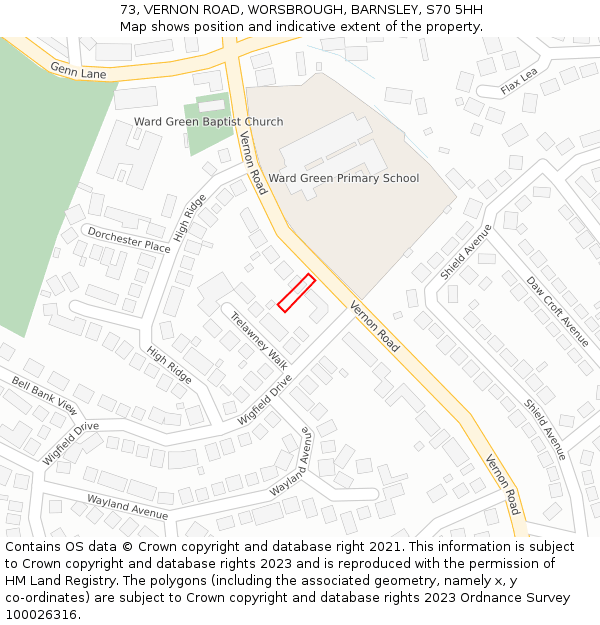 73, VERNON ROAD, WORSBROUGH, BARNSLEY, S70 5HH: Location map and indicative extent of plot