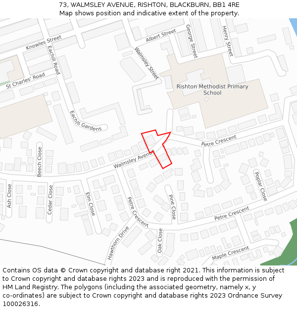 73, WALMSLEY AVENUE, RISHTON, BLACKBURN, BB1 4RE: Location map and indicative extent of plot