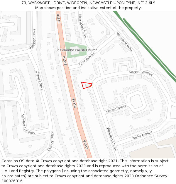 73, WARKWORTH DRIVE, WIDEOPEN, NEWCASTLE UPON TYNE, NE13 6LY: Location map and indicative extent of plot