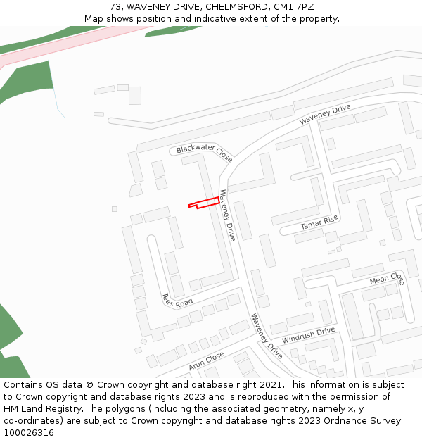 73, WAVENEY DRIVE, CHELMSFORD, CM1 7PZ: Location map and indicative extent of plot