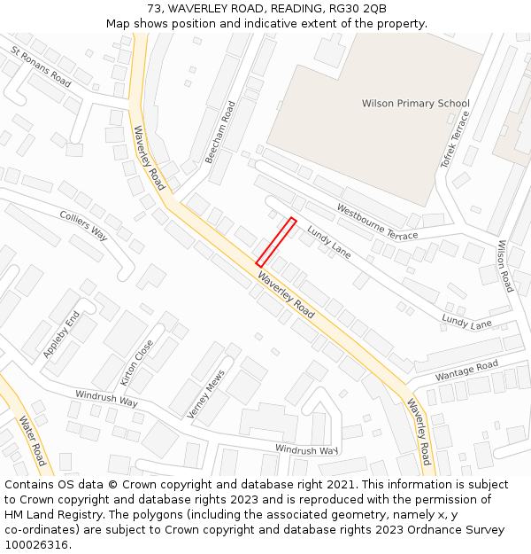 73, WAVERLEY ROAD, READING, RG30 2QB: Location map and indicative extent of plot