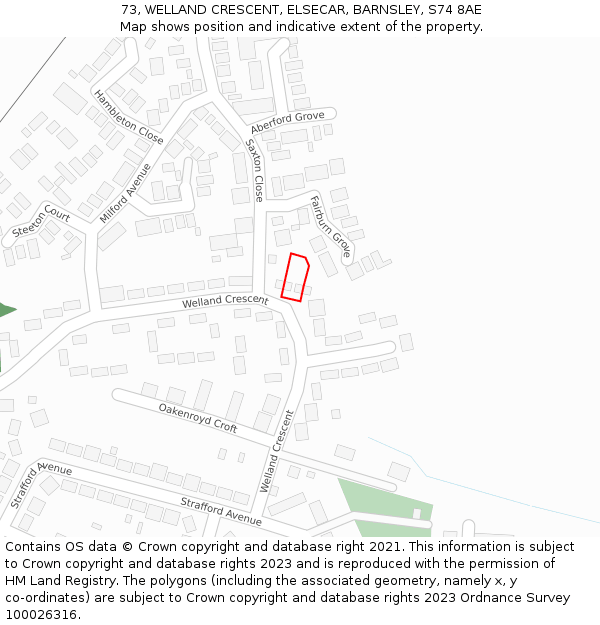 73, WELLAND CRESCENT, ELSECAR, BARNSLEY, S74 8AE: Location map and indicative extent of plot