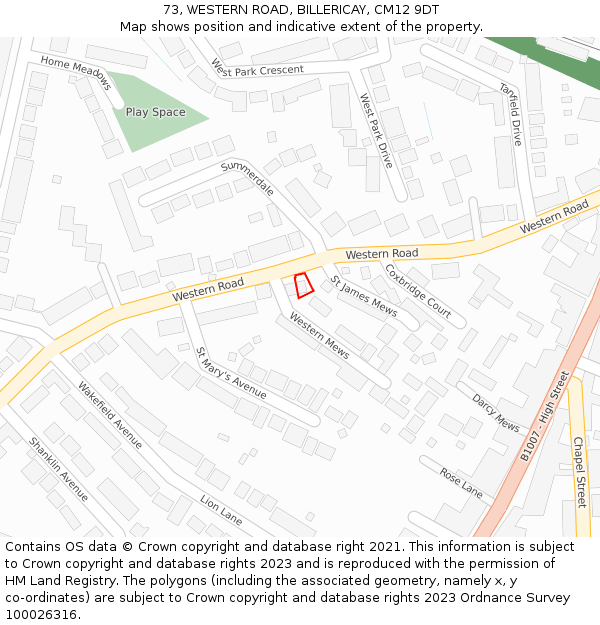 73, WESTERN ROAD, BILLERICAY, CM12 9DT: Location map and indicative extent of plot