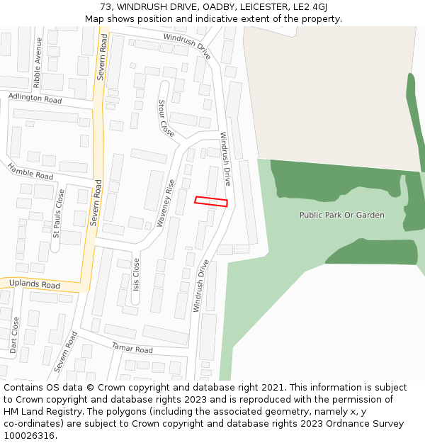 73, WINDRUSH DRIVE, OADBY, LEICESTER, LE2 4GJ: Location map and indicative extent of plot