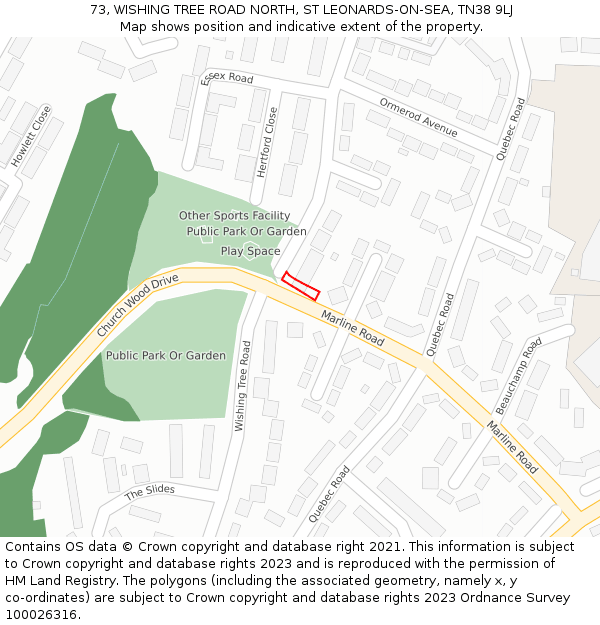 73, WISHING TREE ROAD NORTH, ST LEONARDS-ON-SEA, TN38 9LJ: Location map and indicative extent of plot