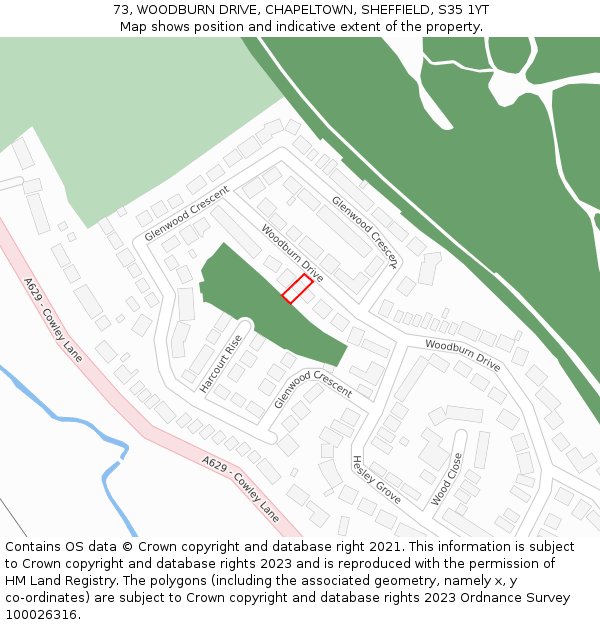 73, WOODBURN DRIVE, CHAPELTOWN, SHEFFIELD, S35 1YT: Location map and indicative extent of plot