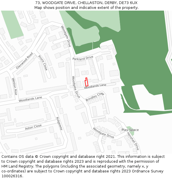73, WOODGATE DRIVE, CHELLASTON, DERBY, DE73 6UX: Location map and indicative extent of plot