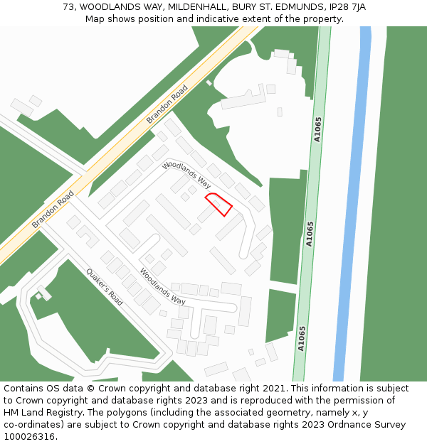 73, WOODLANDS WAY, MILDENHALL, BURY ST. EDMUNDS, IP28 7JA: Location map and indicative extent of plot