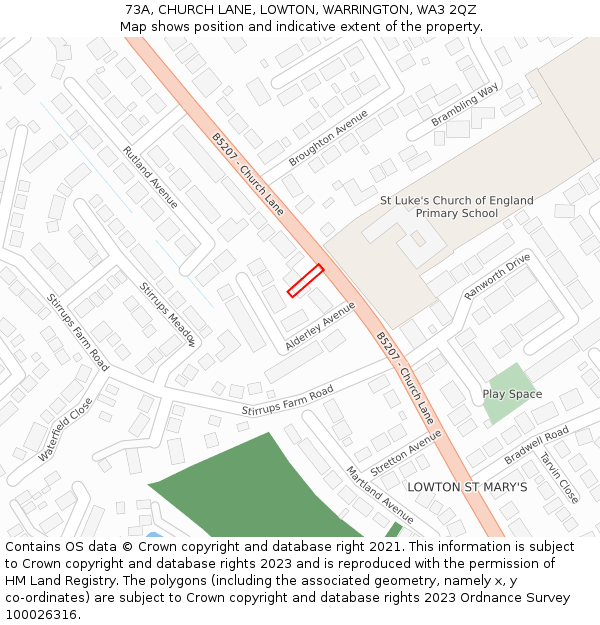 73A, CHURCH LANE, LOWTON, WARRINGTON, WA3 2QZ: Location map and indicative extent of plot
