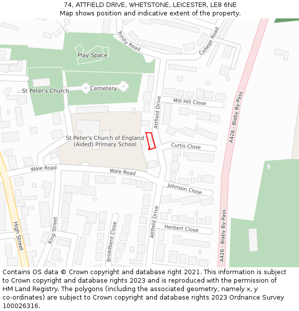 74, ATTFIELD DRIVE, WHETSTONE, LEICESTER, LE8 6NE: Location map and indicative extent of plot