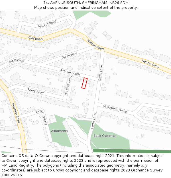 74, AVENUE SOUTH, SHERINGHAM, NR26 8DH: Location map and indicative extent of plot