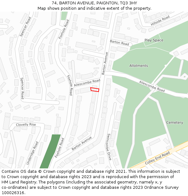 74, BARTON AVENUE, PAIGNTON, TQ3 3HY: Location map and indicative extent of plot