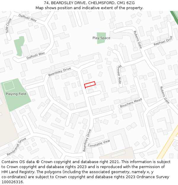 74, BEARDSLEY DRIVE, CHELMSFORD, CM1 6ZG: Location map and indicative extent of plot