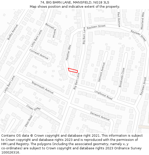 74, BIG BARN LANE, MANSFIELD, NG18 3LS: Location map and indicative extent of plot