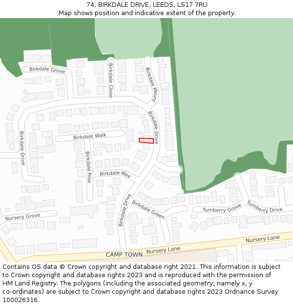 74, BIRKDALE DRIVE, LEEDS, LS17 7RU: Location map and indicative extent of plot