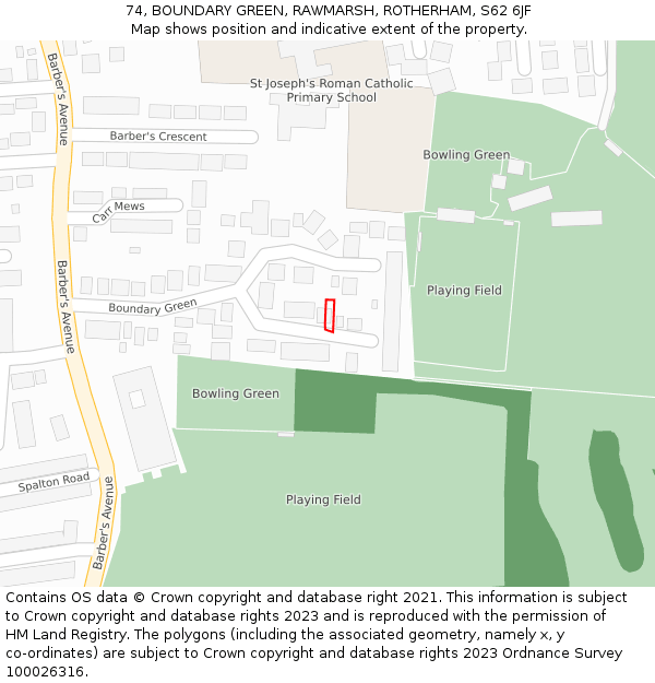 74, BOUNDARY GREEN, RAWMARSH, ROTHERHAM, S62 6JF: Location map and indicative extent of plot