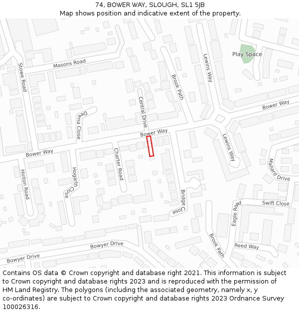 74, BOWER WAY, SLOUGH, SL1 5JB: Location map and indicative extent of plot