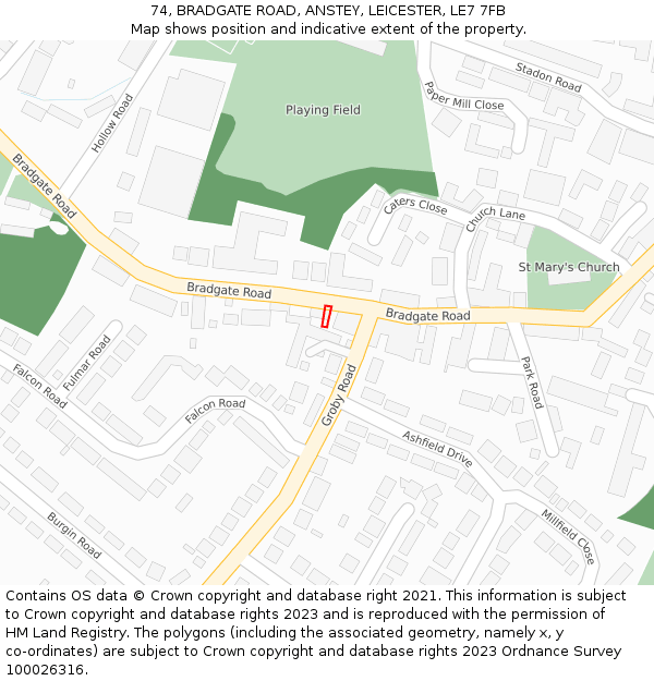 74, BRADGATE ROAD, ANSTEY, LEICESTER, LE7 7FB: Location map and indicative extent of plot