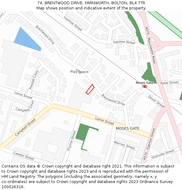 74, BRENTWOOD DRIVE, FARNWORTH, BOLTON, BL4 7TR: Location map and indicative extent of plot