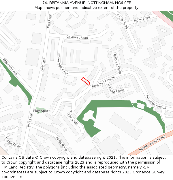 74, BRITANNIA AVENUE, NOTTINGHAM, NG6 0EB: Location map and indicative extent of plot
