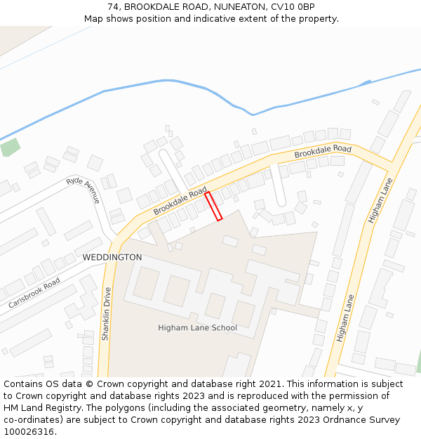 74, BROOKDALE ROAD, NUNEATON, CV10 0BP: Location map and indicative extent of plot