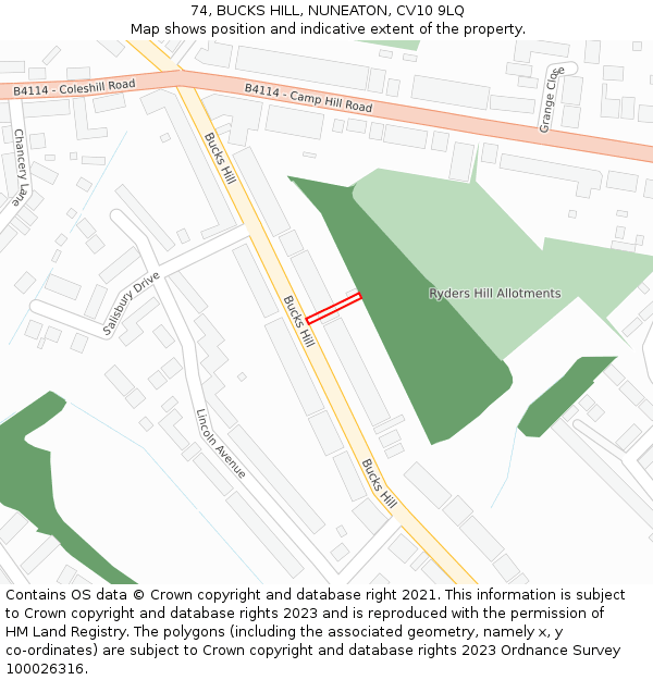 74, BUCKS HILL, NUNEATON, CV10 9LQ: Location map and indicative extent of plot
