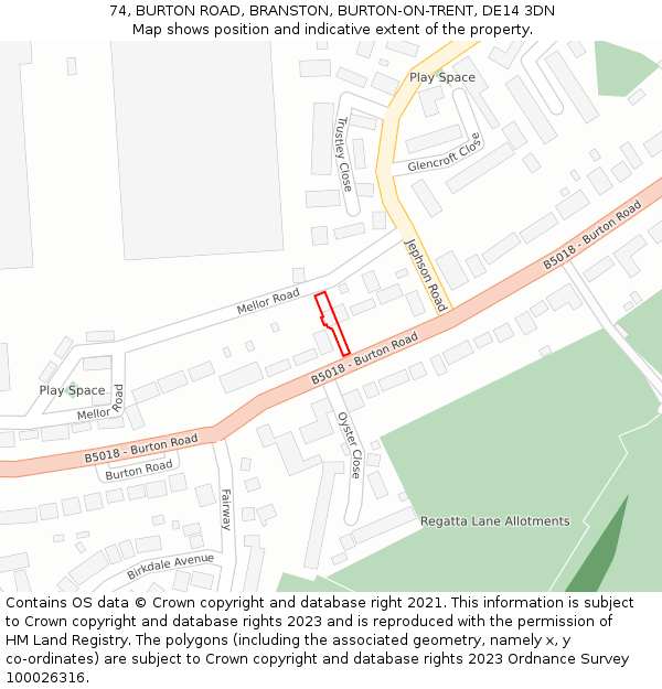 74, BURTON ROAD, BRANSTON, BURTON-ON-TRENT, DE14 3DN: Location map and indicative extent of plot