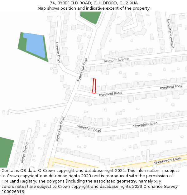 74, BYREFIELD ROAD, GUILDFORD, GU2 9UA: Location map and indicative extent of plot