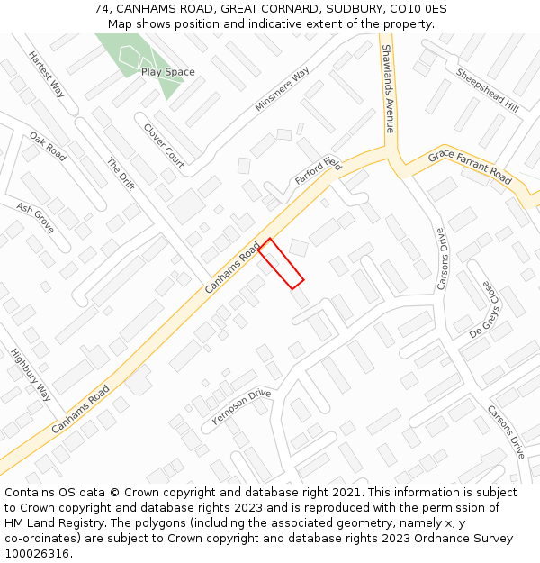 74, CANHAMS ROAD, GREAT CORNARD, SUDBURY, CO10 0ES: Location map and indicative extent of plot