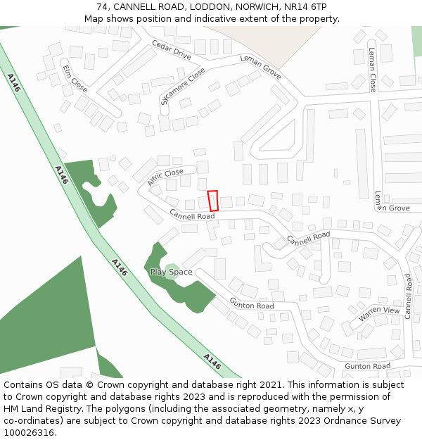 74, CANNELL ROAD, LODDON, NORWICH, NR14 6TP: Location map and indicative extent of plot