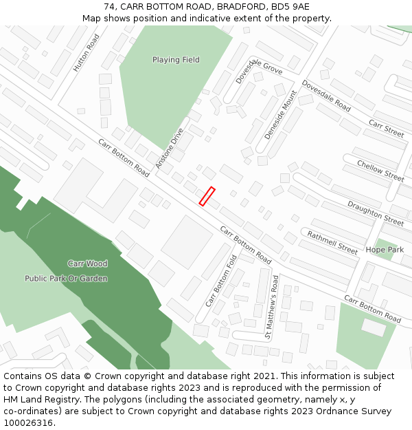 74, CARR BOTTOM ROAD, BRADFORD, BD5 9AE: Location map and indicative extent of plot