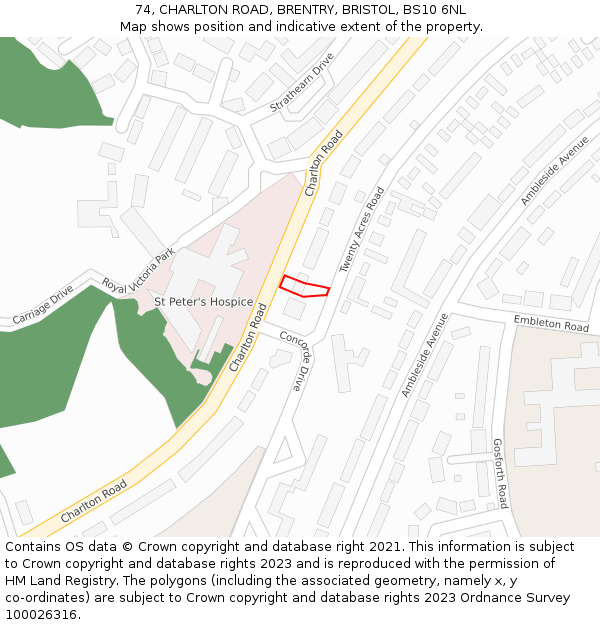 74, CHARLTON ROAD, BRENTRY, BRISTOL, BS10 6NL: Location map and indicative extent of plot