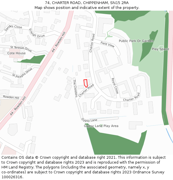 74, CHARTER ROAD, CHIPPENHAM, SN15 2RA: Location map and indicative extent of plot