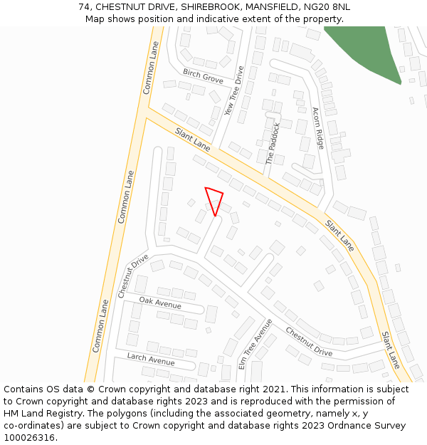 74, CHESTNUT DRIVE, SHIREBROOK, MANSFIELD, NG20 8NL: Location map and indicative extent of plot