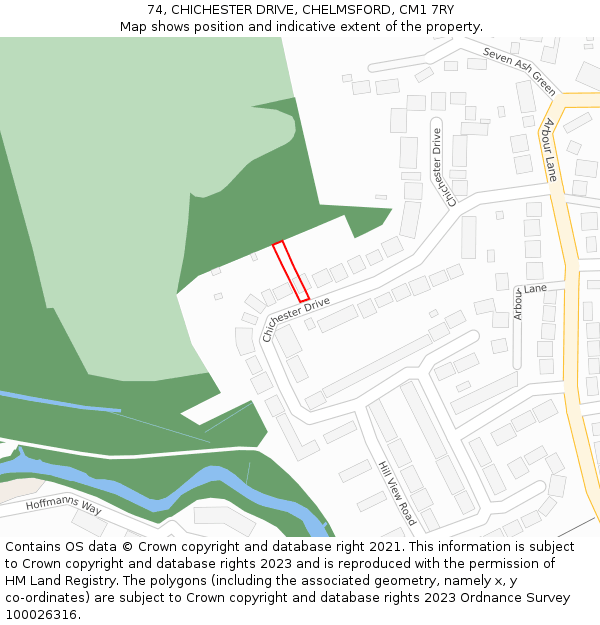 74, CHICHESTER DRIVE, CHELMSFORD, CM1 7RY: Location map and indicative extent of plot