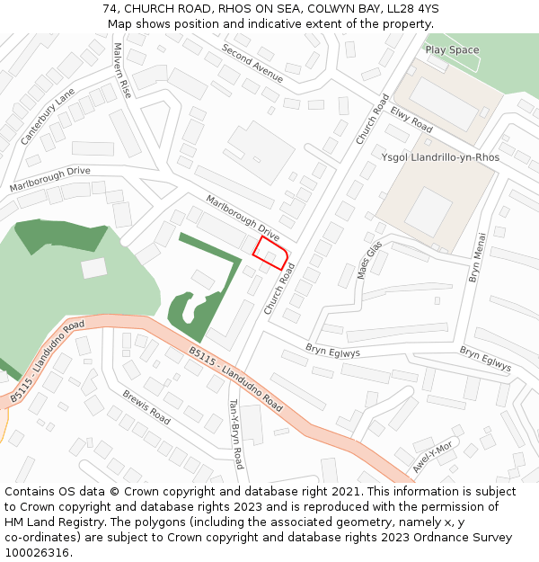 74, CHURCH ROAD, RHOS ON SEA, COLWYN BAY, LL28 4YS: Location map and indicative extent of plot