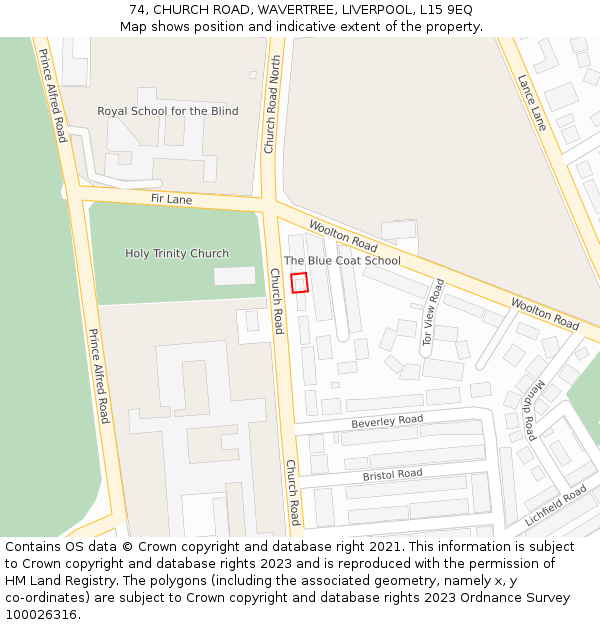 74, CHURCH ROAD, WAVERTREE, LIVERPOOL, L15 9EQ: Location map and indicative extent of plot