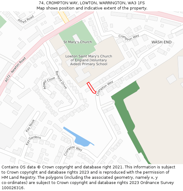 74, CROMPTON WAY, LOWTON, WARRINGTON, WA3 1FS: Location map and indicative extent of plot