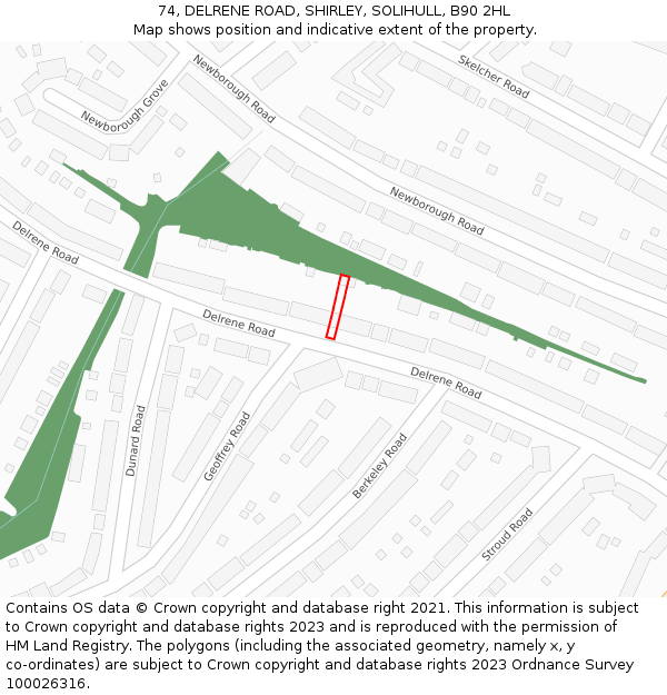 74, DELRENE ROAD, SHIRLEY, SOLIHULL, B90 2HL: Location map and indicative extent of plot