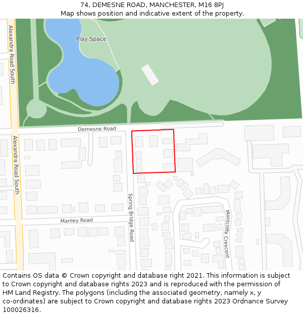 74, DEMESNE ROAD, MANCHESTER, M16 8PJ: Location map and indicative extent of plot