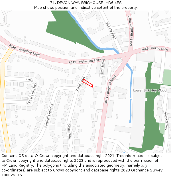 74, DEVON WAY, BRIGHOUSE, HD6 4ES: Location map and indicative extent of plot