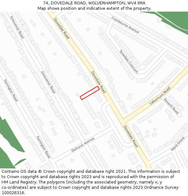 74, DOVEDALE ROAD, WOLVERHAMPTON, WV4 6RA: Location map and indicative extent of plot