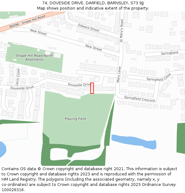 74, DOVESIDE DRIVE, DARFIELD, BARNSLEY, S73 9JJ: Location map and indicative extent of plot